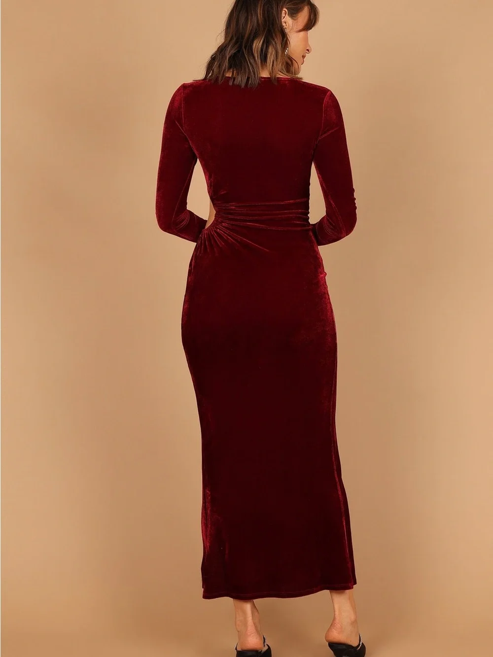 NEW Petal & Pup Sarine Burgundy Red Velvet Maxi Dress with Side Cutout S